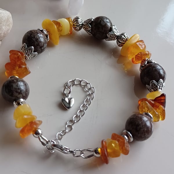 Jade and Amber beaded bracelet with adjustable chain, handmade gift 