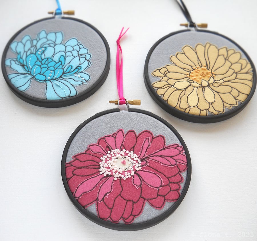 free motion and hand embroidered floral textile hoop original art rose pink