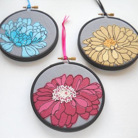 free motion and hand embroidered floral textile hoop original art rose pink