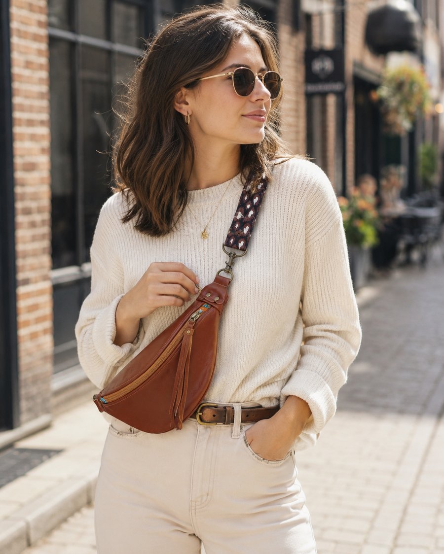 Leather sling bag tan zip front crossbody bag with inside pocket