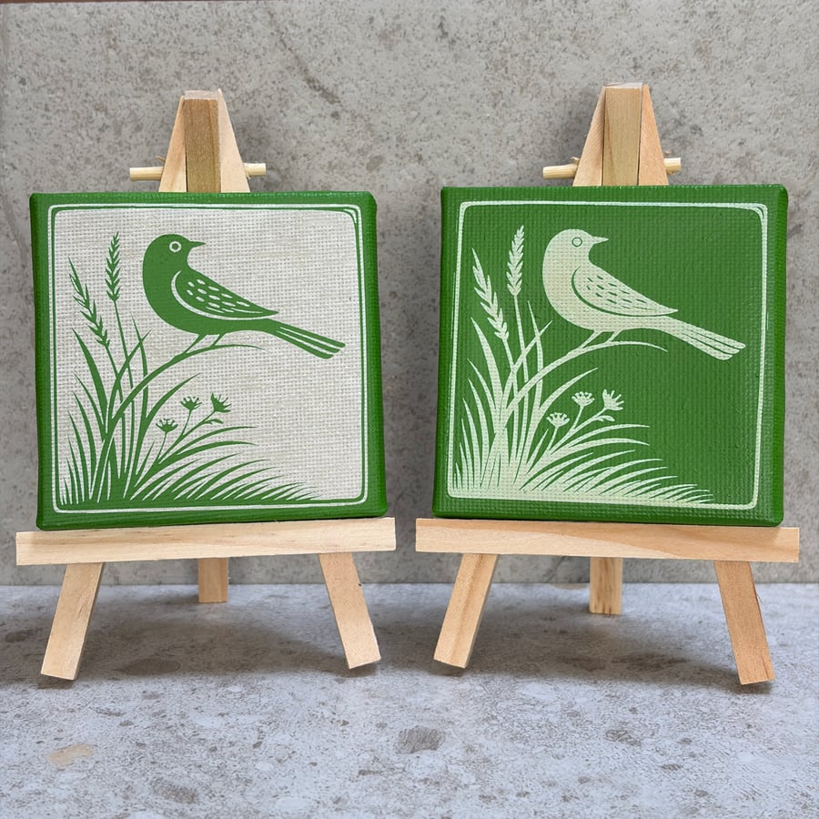 Green Folk Bird Mini Canvas – Spray Painted & Engraved - 7.5cm Square