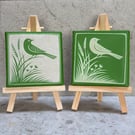 Green Folk Bird Mini Canvas – Spray Painted & Engraved - 7.5cm Square