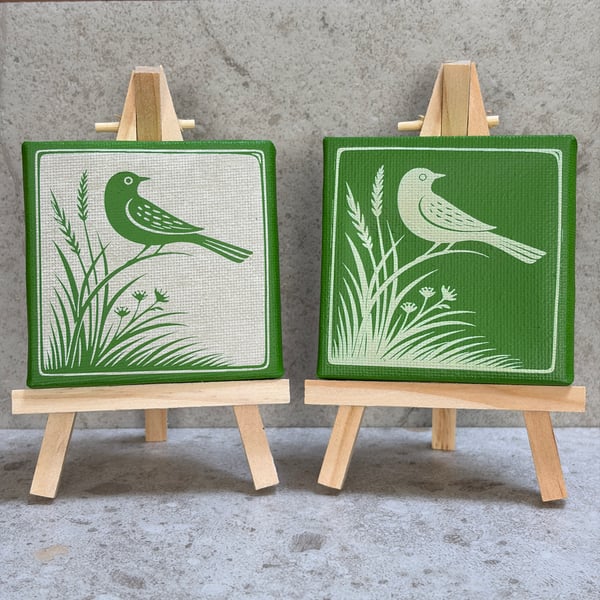 Green Folk Bird Mini Canvas – Spray Painted & Engraved - 7.5cm Square