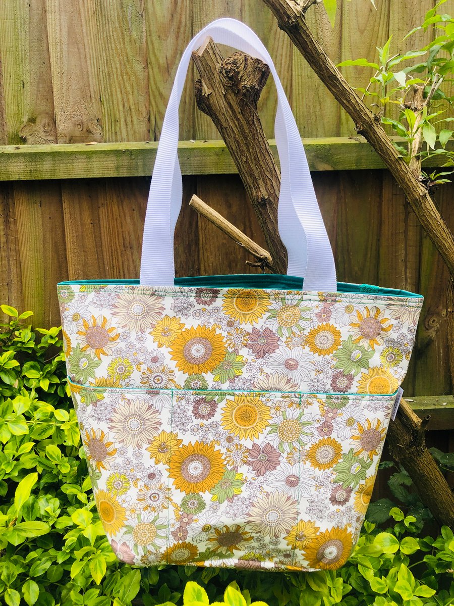 Floral print tote bag in vintage-style print; boho style tote bag
