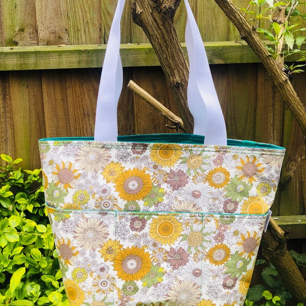 Floral print tote bag in vintage-style print; boho style tote bag