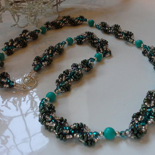 Turquoise (Rec;) & Seed Beaded Silver Plated Necklace