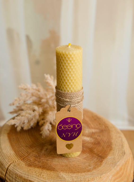 Tall Rolled Beeswax Pillar Candle - 20cm Pure Honey Glow with Cotton Wick  