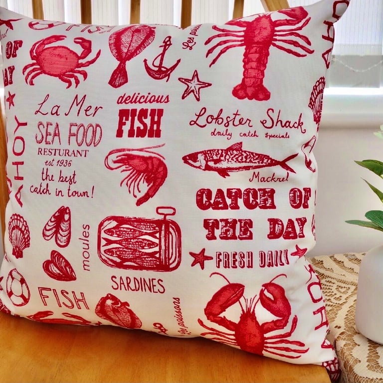 Cushion: Red Seafood design, Double Sided with pad and zip fastening 