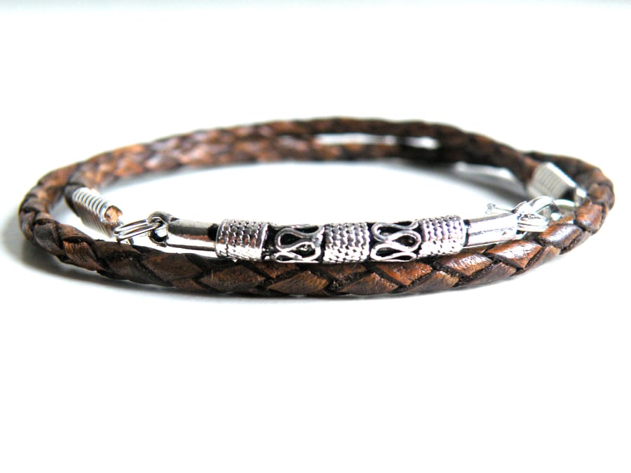 Braided Leather Wrap Bracelet brown silver plated