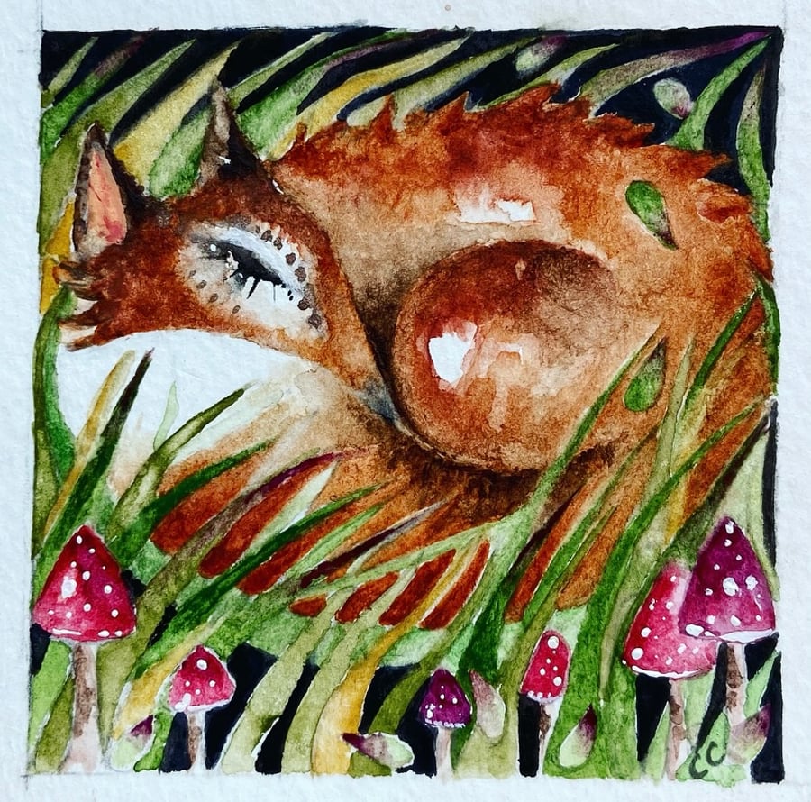  Mounted Original Fox and Mushrooms Watercolour 