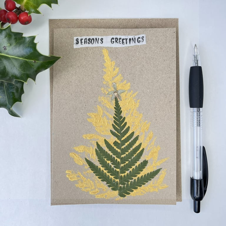 Handmade Real Pressed Fern and Hand painted Christmas Tree Card