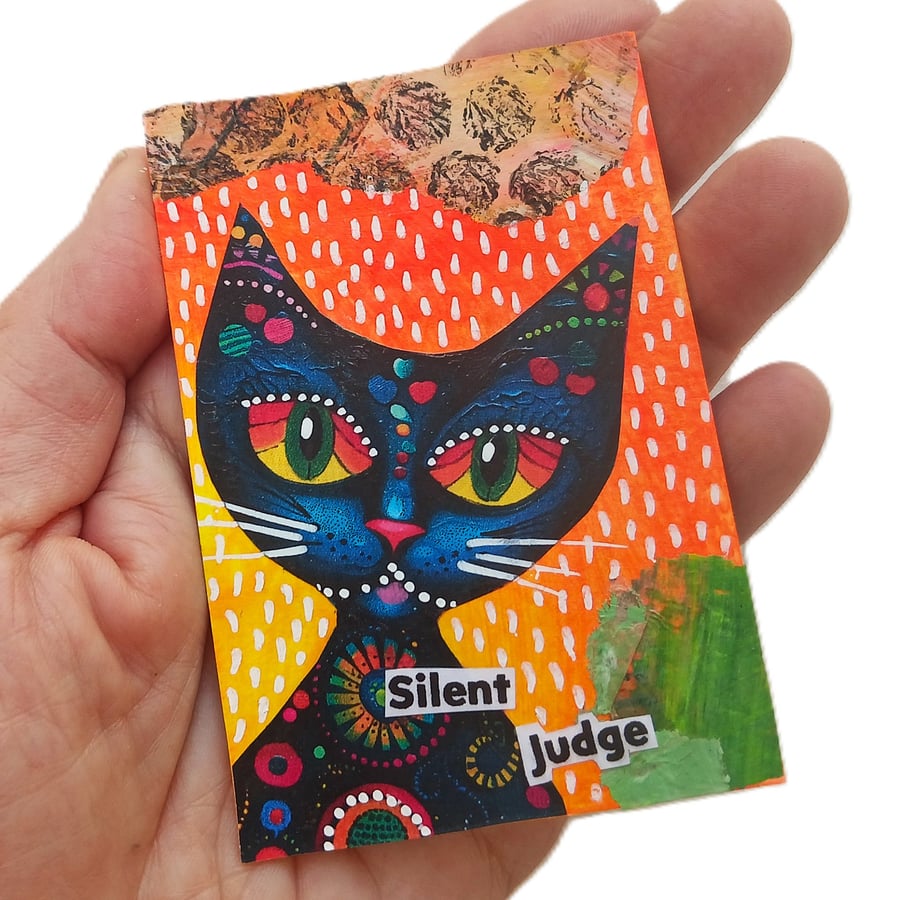 Whimsical Cat Pop Art Miniature ACEO Painting Mixed Media Original Kitty Artwork