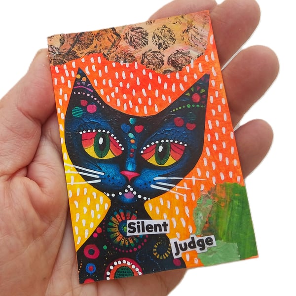 Whimsical Cat Pop Art Miniature ACEO Painting Mixed Media Original Kitty Artwork