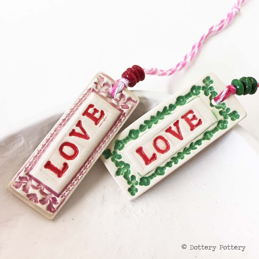 Two small ceramic Love tag decorations Wedding gift Valentines Day gift tag