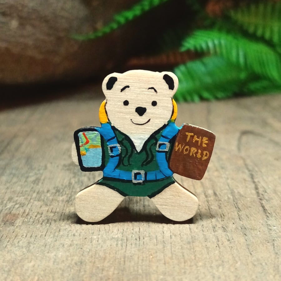 Backpacker Bear Pin, Handmade Travel Gift, Teddy Bear Brooch For Traveller