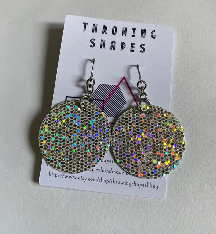 Small disco diva earrings, handmade disco ball style earrings faux leather silve