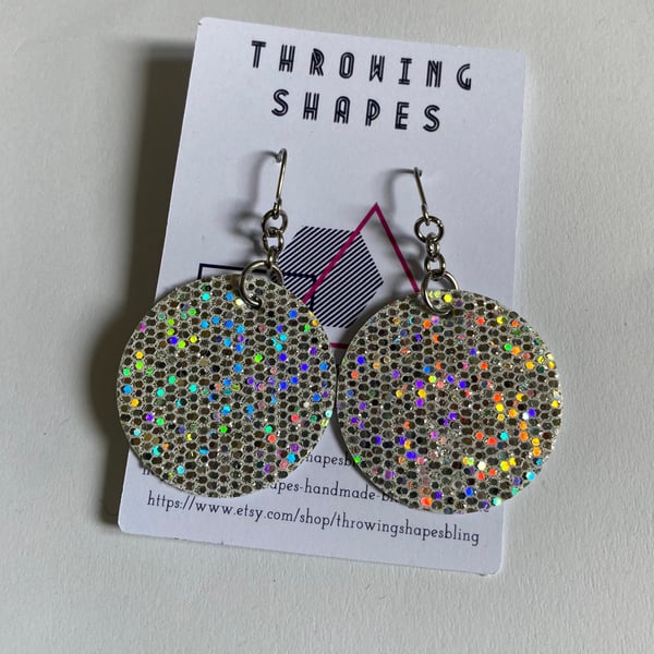 Small disco diva earrings, handmade disco ball style earrings faux leather silve