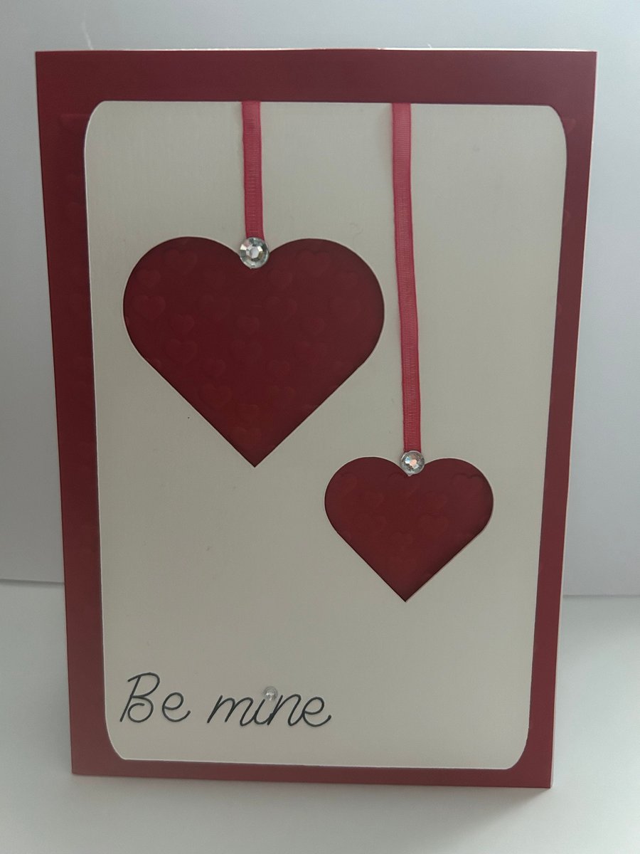 Handcrafted Valentine s Day card be mine heart red embellishment rhinestone