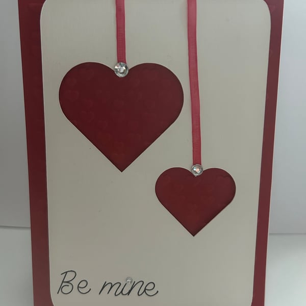 Handcrafted Valentine s Day card be mine heart red embellishment rhinestone