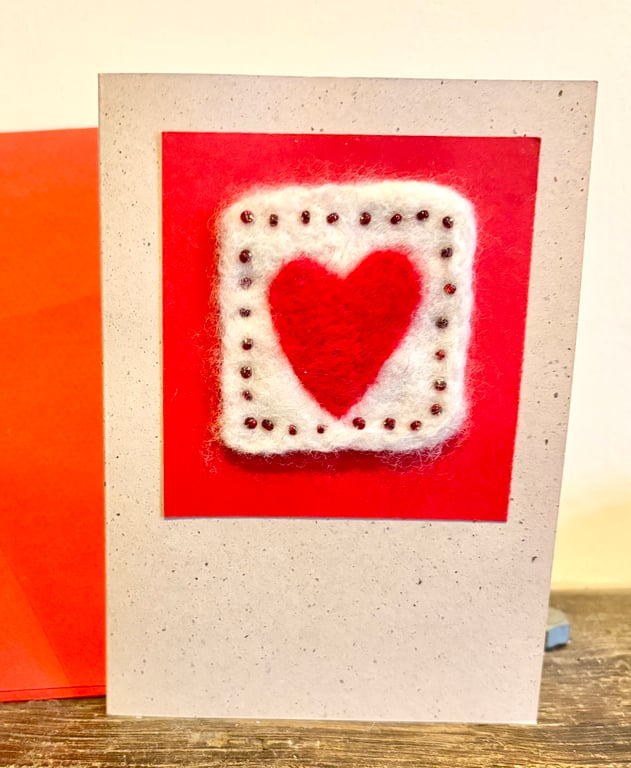Handmade Valentine’s Day card felted with hand sewn beads