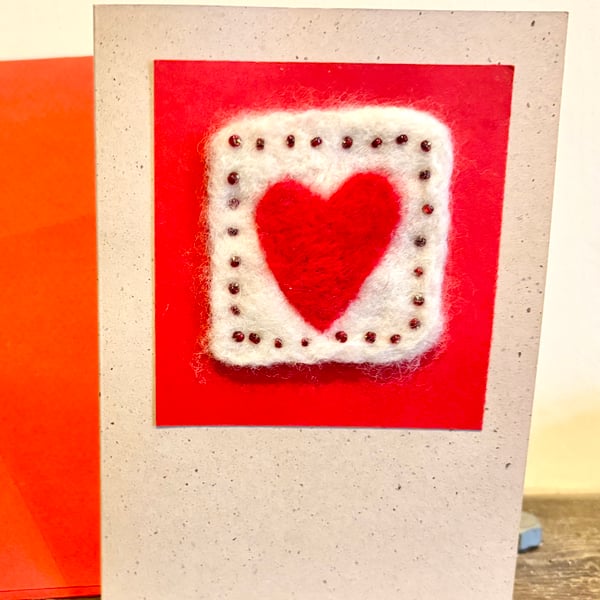 Handmade Valentine’s Day card felted with hand sewn beads