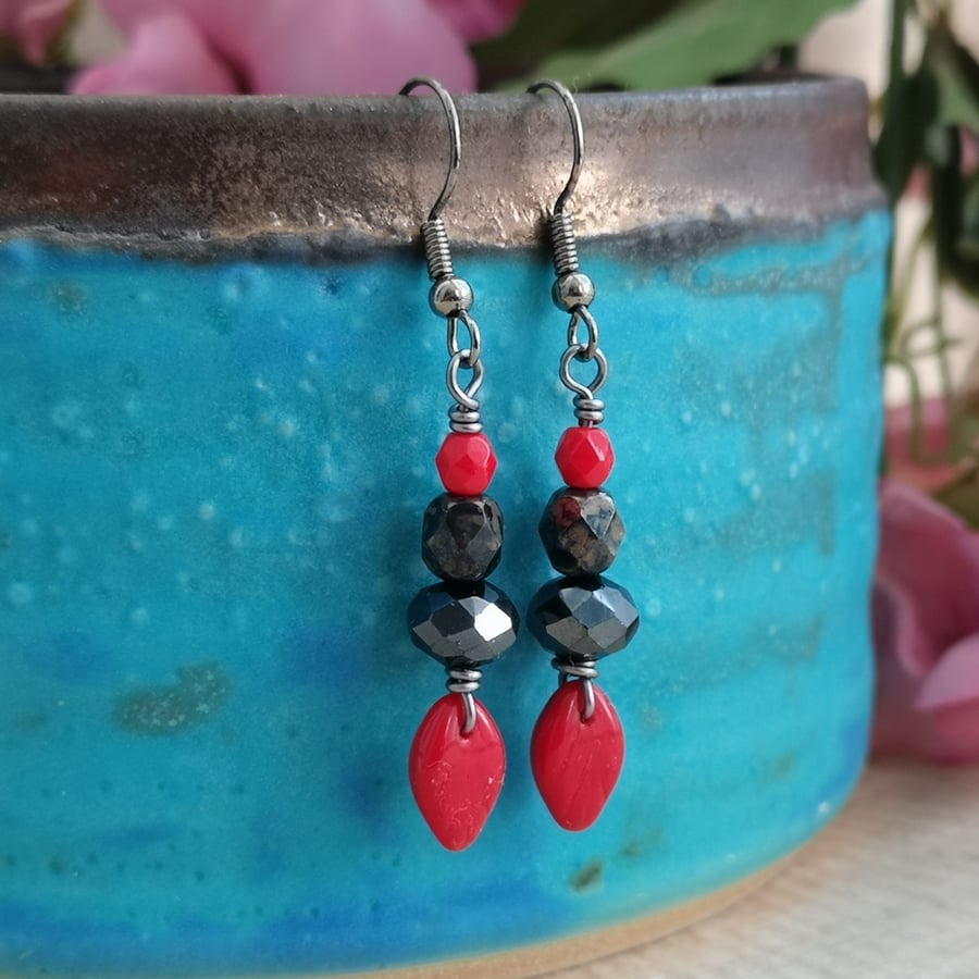 Red and black Czech glass bead earrings with gunmetal ear wires