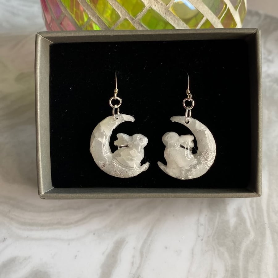 Moon rabbit earrings translucent polymer clay, ... - Folksy