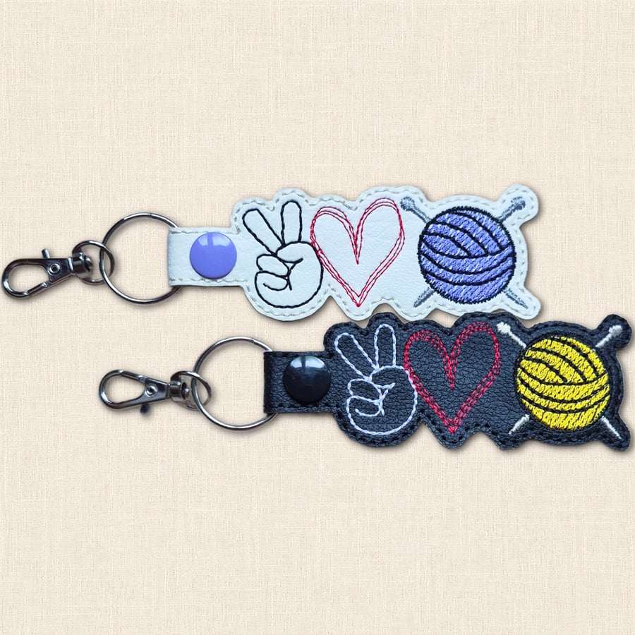 Knitting Keyring - Peace Love Knitting Faux Leather Bag Charm
