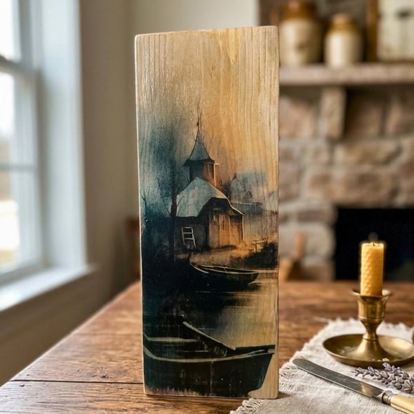 Gothic Landscape, Rowboat Wall Art, Old Church Block, Photo Transfer Art