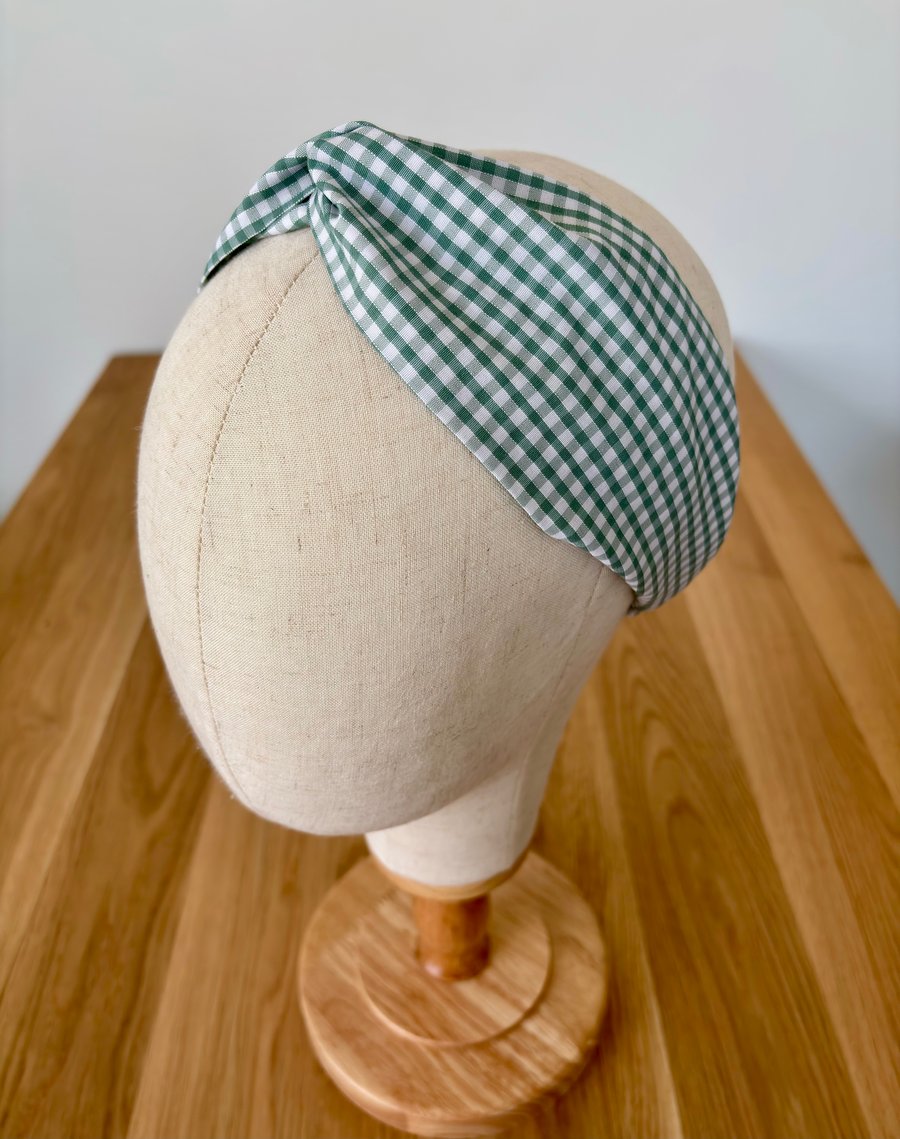 Cotton mix headband, twist knot style hairband in green gingham