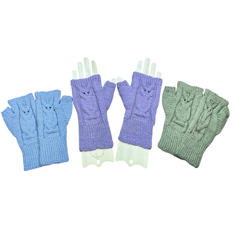 Fingerless owl gloves, wool, silk and alpaca mittens