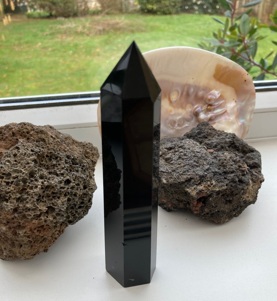 Large Inky Black Obsidian Standing Point, Home Decoration or Chakra Stone.