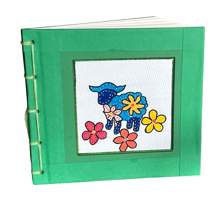 Handmade Notebook with hand painted cover design - ‘Flower Power Sheep’