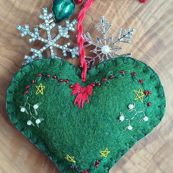 Hand Embroidered Keepsake Heart Christmas Decoration, Holly & Mistletoe on Green