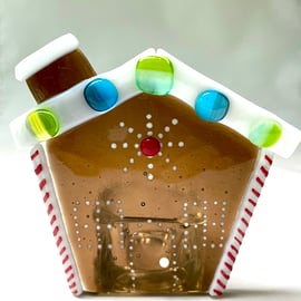 Fused Glass Christmas Gingerbread House Candle Holder