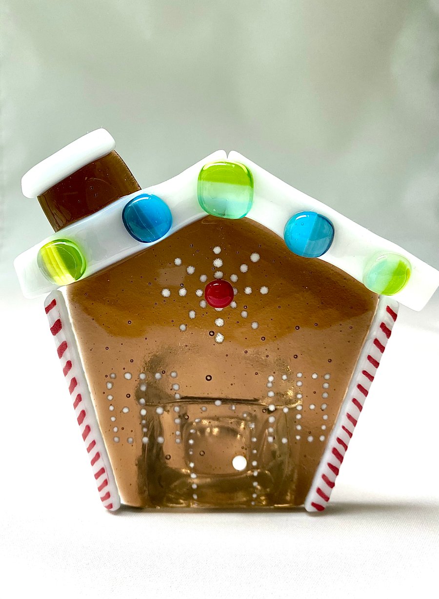 Fused Glass Christmas Gingerbread House Candle Holder