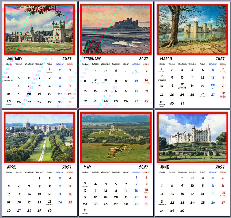 2027 Calendar British Castles A4 Size per Month 