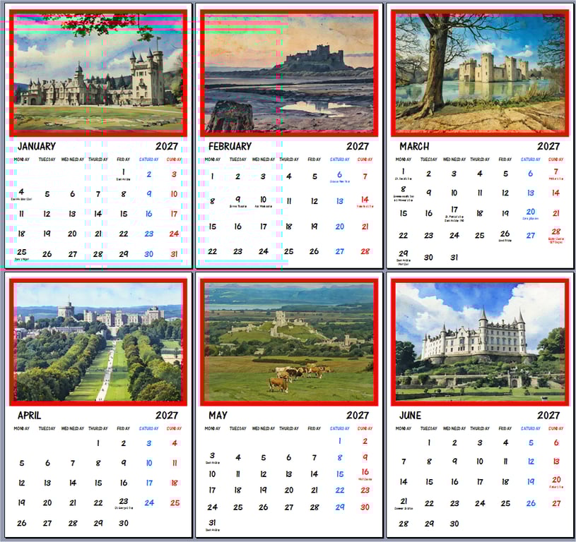 2027 Calendar British Castles A4 Size per Month 