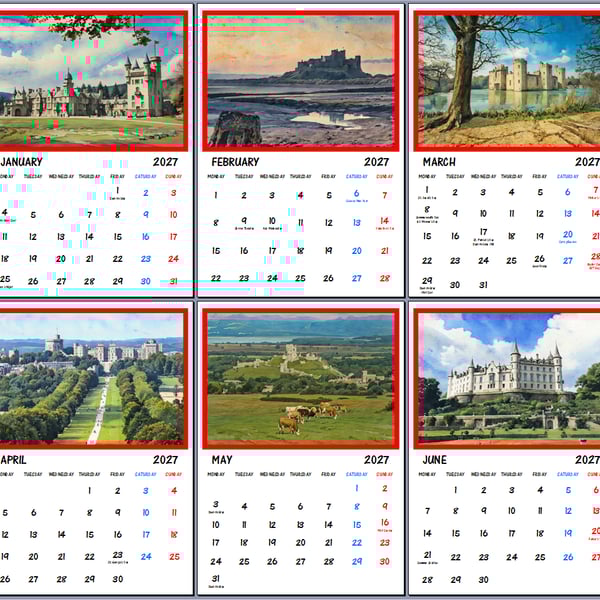 2027 Calendar British Castles A4 Size per Month 