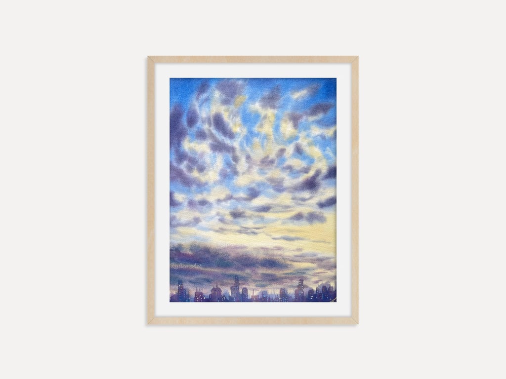 Cotton Clouds Archival Art Print, Cloudy Sky Print, Skyscape Painting with City