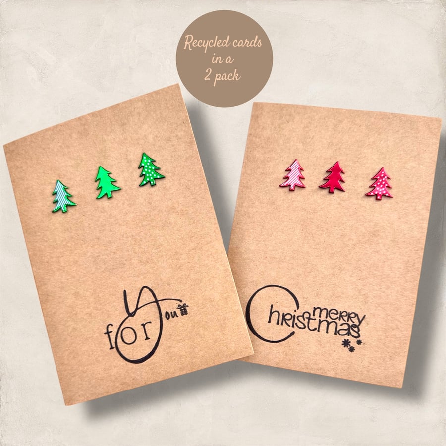 A pair of rustic recycled Christmas cards with red and green tree embellishments