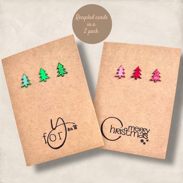 A pair of rustic recycled Christmas cards with red and green tree embellishments