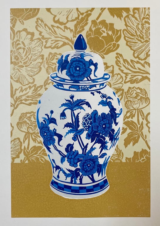 Ginger Jar with Peonies in Ochre - Handmade Limited Edition Lino Print - 