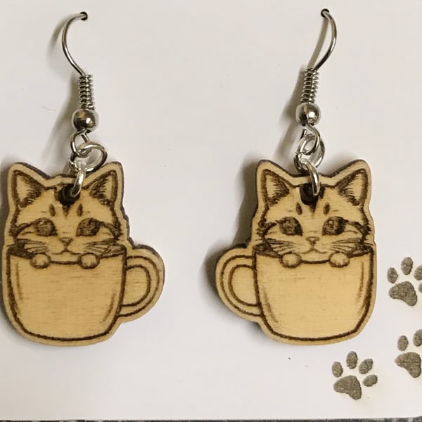 Cats in cups - Barista dangle earrrings laser engraved.