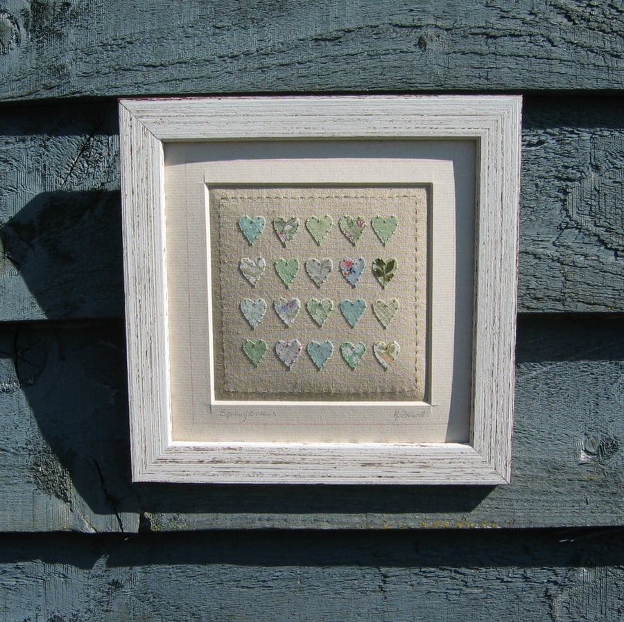 'Spring Greens' small framed hand-stitched applique of hearts, a gift of love