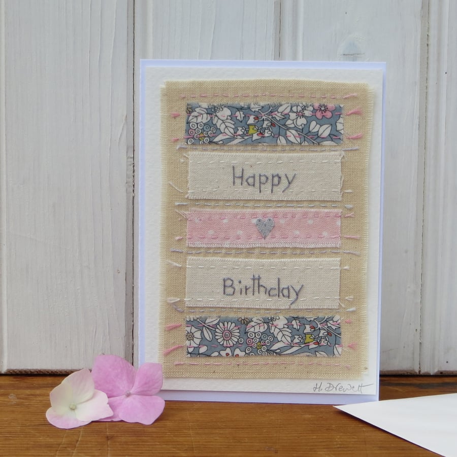 Birthday card, hand-stitched, pretty Liberty fabrics with a tiny heart