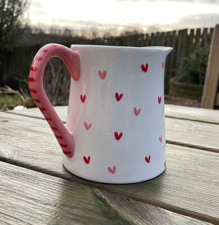 White, Pink and Red Sweet Heart Milk Jug, Ceramic, Hand Painted 