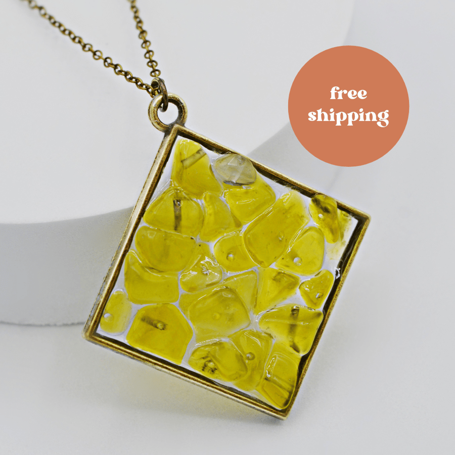 Yellow Jade Brass plated Square Worry Stone Necklace - Free Postage