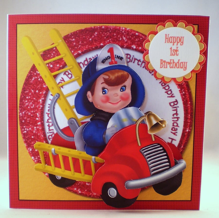 Handmade Childrens Fire Engine 1st Birthday Card, 3D,   Personalise