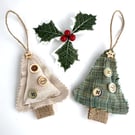 Mini Christmas Tree Hanging Decoration Duo in Green and Beige
